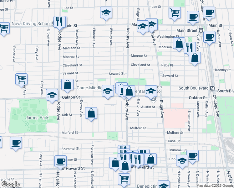 map of restaurants, bars, coffee shops, grocery stores, and more near 1329 Oakton Street in Evanston
