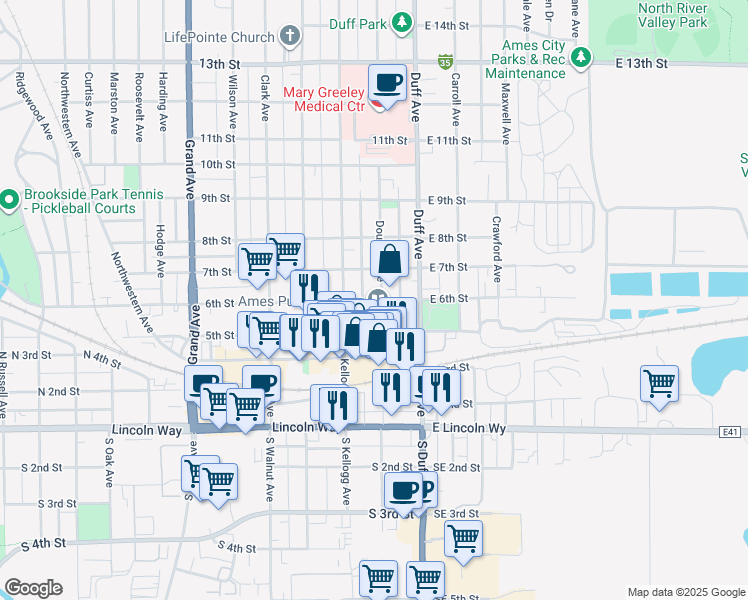 map of restaurants, bars, coffee shops, grocery stores, and more near 219 6th Street in Ames