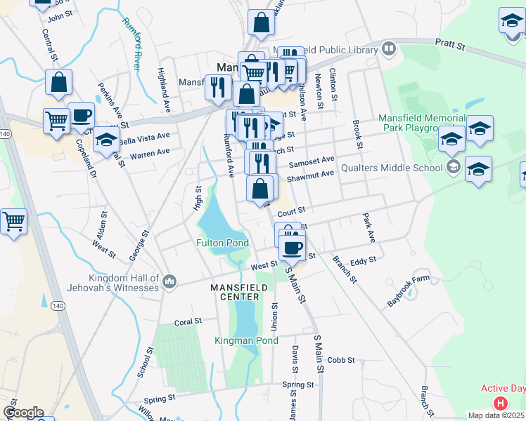 map of restaurants, bars, coffee shops, grocery stores, and more near 16 Villa Street in Mansfield