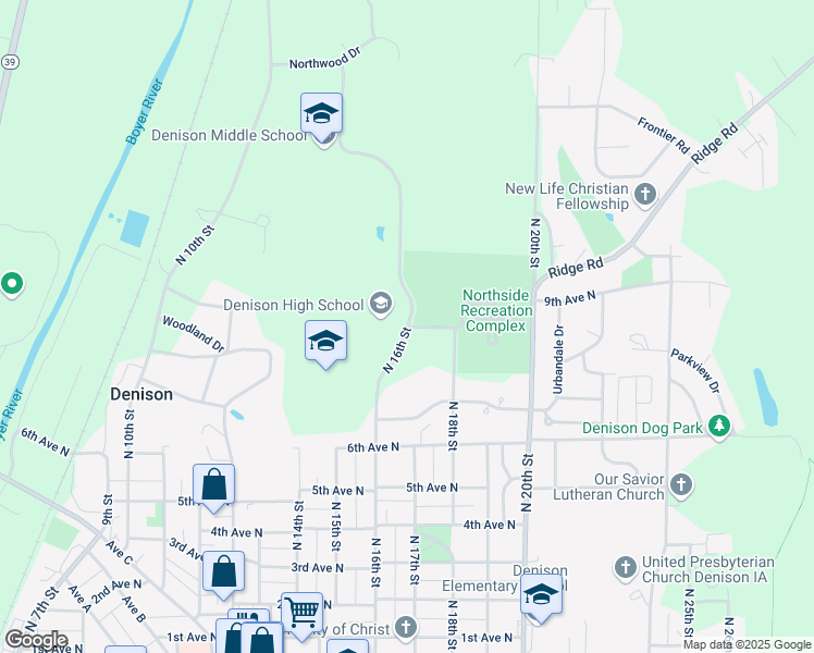 map of restaurants, bars, coffee shops, grocery stores, and more near 1201 North 16th Street in Denison