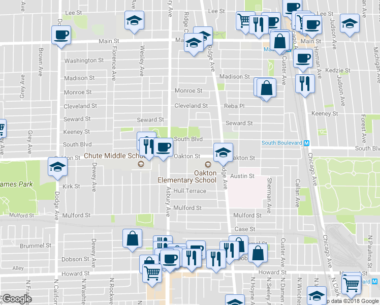 map of restaurants, bars, coffee shops, grocery stores, and more near 1127 Oakton Street in Evanston