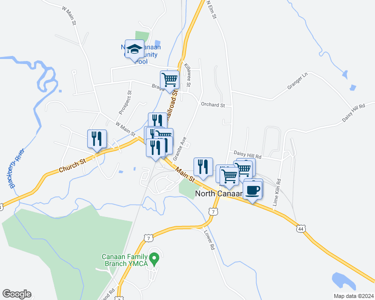 map of restaurants, bars, coffee shops, grocery stores, and more near 28 Granite Avenue in Canaan
