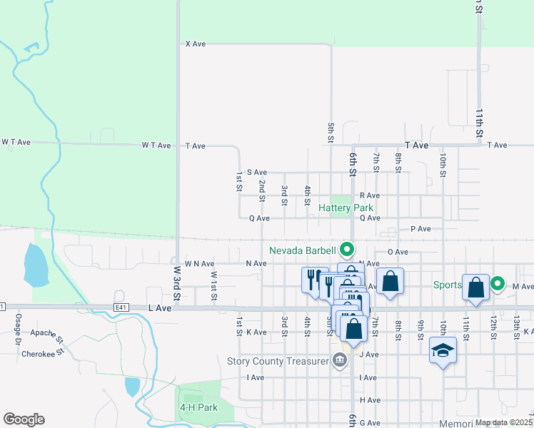 map of restaurants, bars, coffee shops, grocery stores, and more near 1705 2nd Street in Nevada