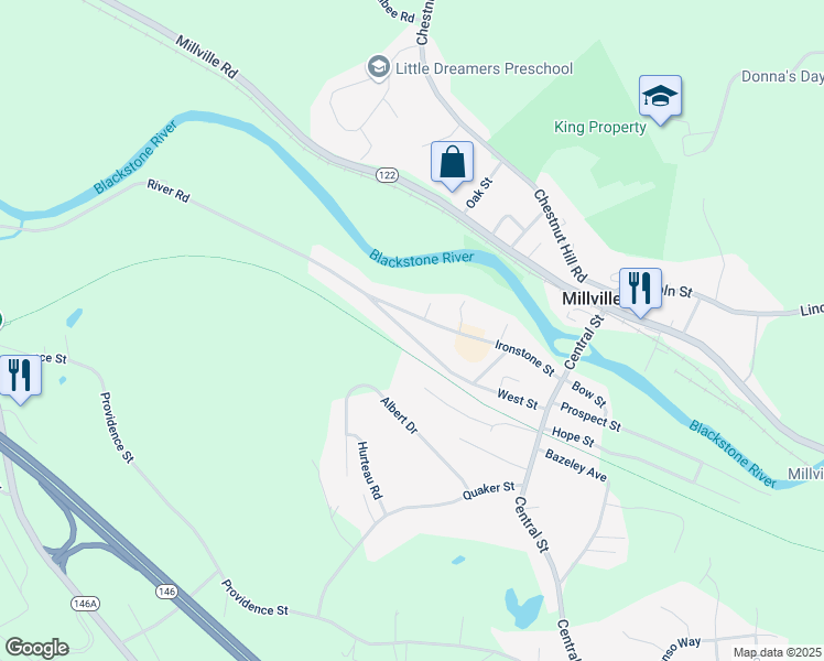 map of restaurants, bars, coffee shops, grocery stores, and more near 55 Ironstone Street in Millville