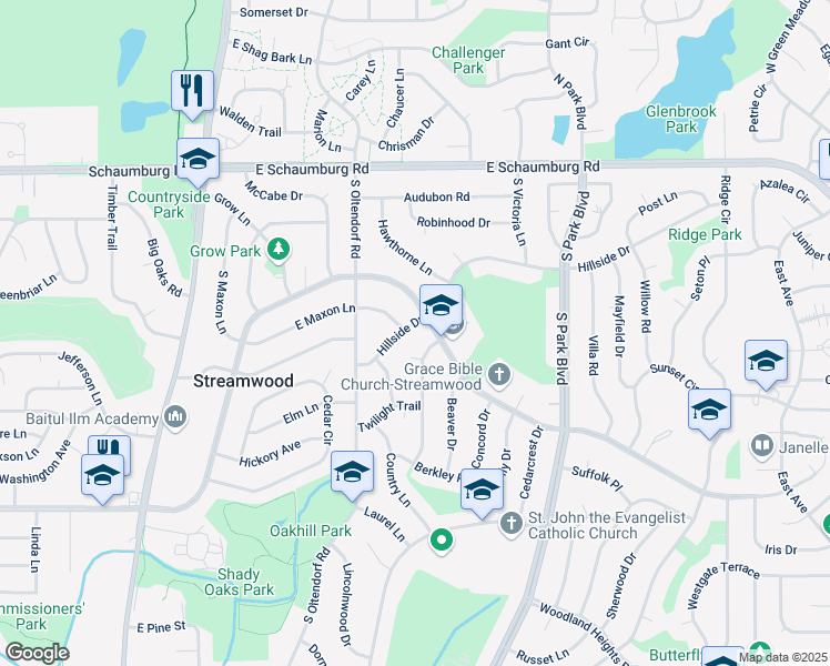 map of restaurants, bars, coffee shops, grocery stores, and more near 321 Hillside Drive in Streamwood