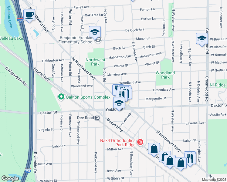 map of restaurants, bars, coffee shops, grocery stores, and more near 1113 Fortuna Avenue in Park Ridge