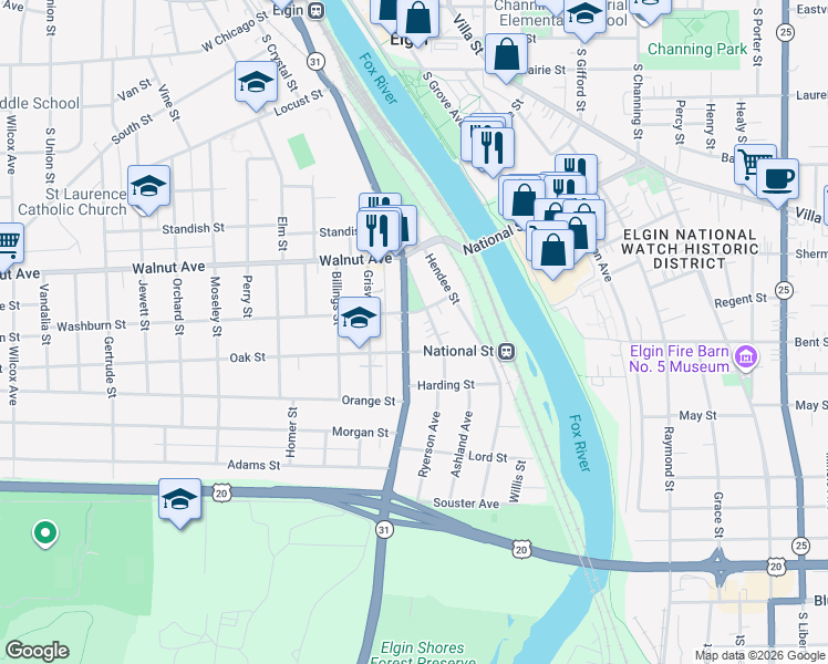 map of restaurants, bars, coffee shops, grocery stores, and more near 365 South State Street in Elgin