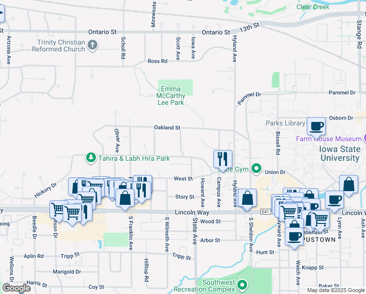 map of restaurants, bars, coffee shops, grocery stores, and more near 520 Forest Glen Street in Ames