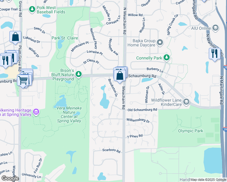 map of restaurants, bars, coffee shops, grocery stores, and more near 54 Brookston Drive in Schaumburg