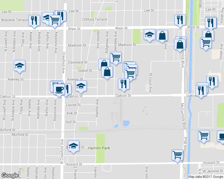 map of restaurants, bars, coffee shops, grocery stores, and more near 8020 Lawndale Ave in Skokie