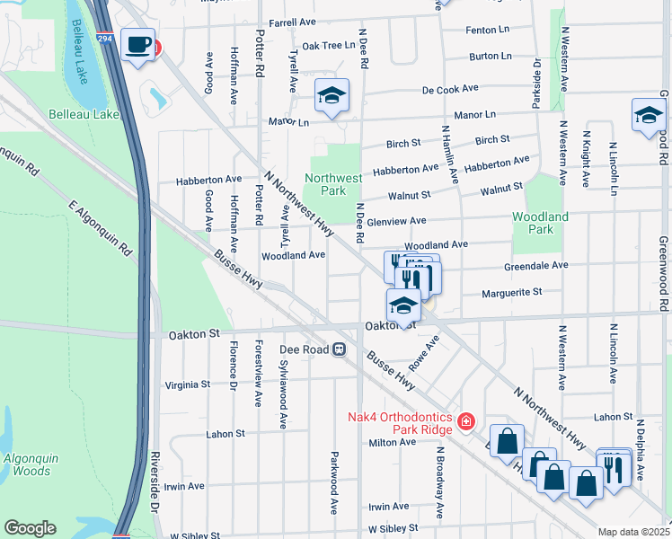 map of restaurants, bars, coffee shops, grocery stores, and more near 1101 Parkwood Avenue in Park Ridge