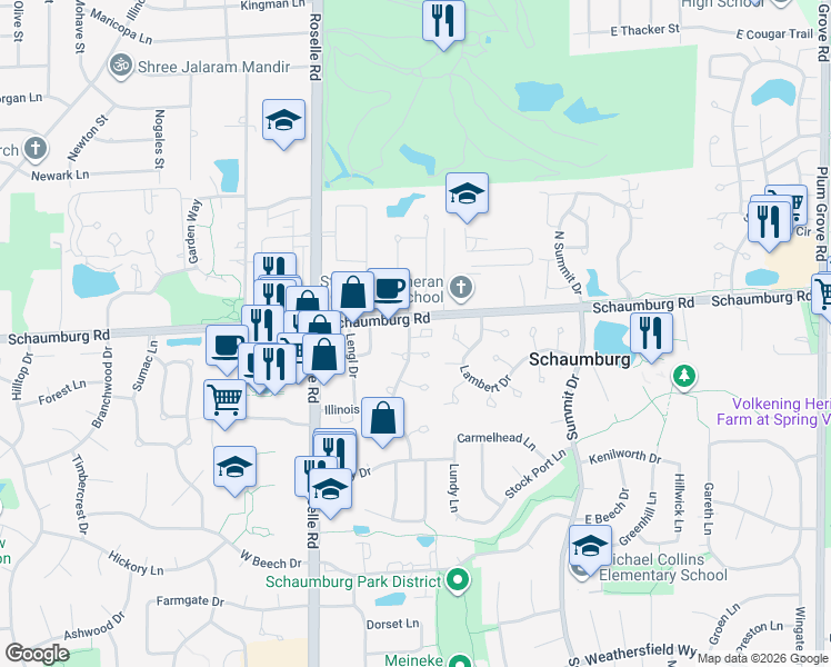 map of restaurants, bars, coffee shops, grocery stores, and more near 127 Waterbury Circle in Schaumburg
