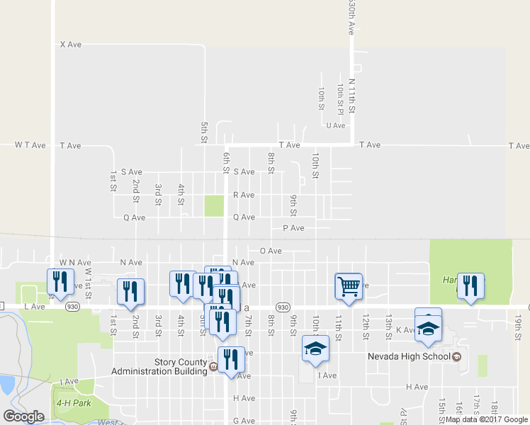 map of restaurants, bars, coffee shops, grocery stores, and more near 1702 8th Street in Nevada