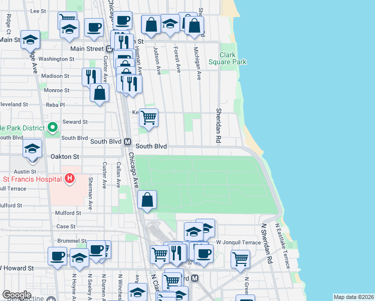 map of restaurants, bars, coffee shops, grocery stores, and more near 511 Forest Avenue in Evanston