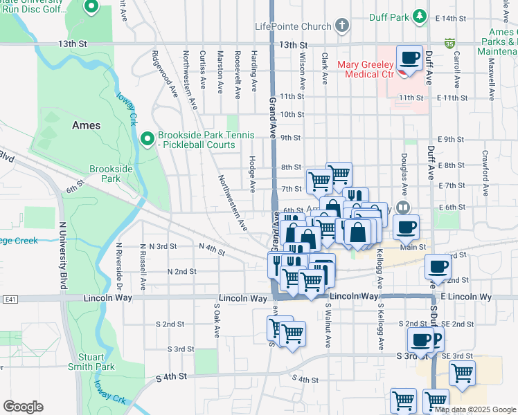 map of restaurants, bars, coffee shops, grocery stores, and more near 604 Hodge Avenue in Ames