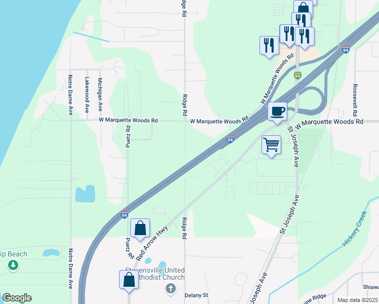 map of restaurants, bars, coffee shops, grocery stores, and more near 5005 Ridge Road in Stevensville