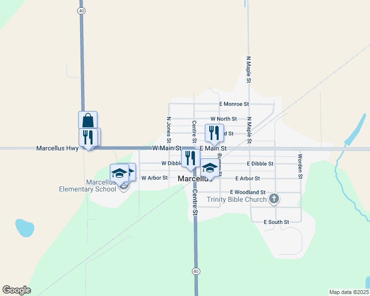 map of restaurants, bars, coffee shops, grocery stores, and more near 170 West Main Street in Marcellus