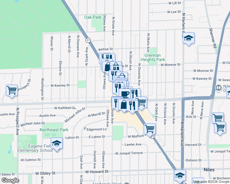 map of restaurants, bars, coffee shops, grocery stores, and more near 8037 North Oriole Avenue in Niles