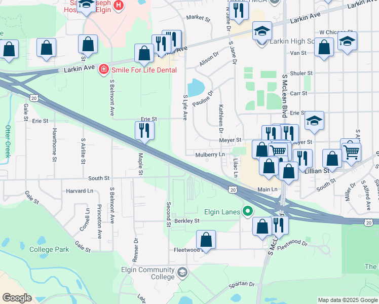 map of restaurants, bars, coffee shops, grocery stores, and more near 255 South Lyle Avenue in Elgin