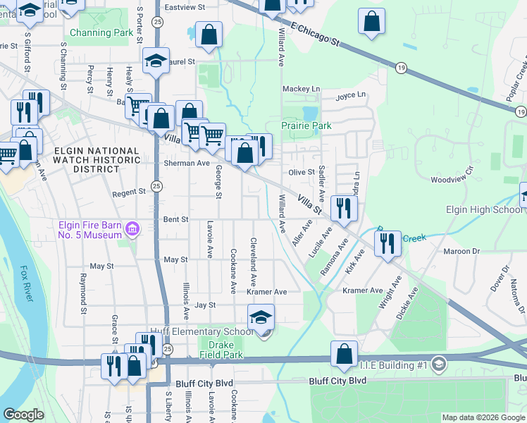 map of restaurants, bars, coffee shops, grocery stores, and more near 471 Harrison Street in Elgin
