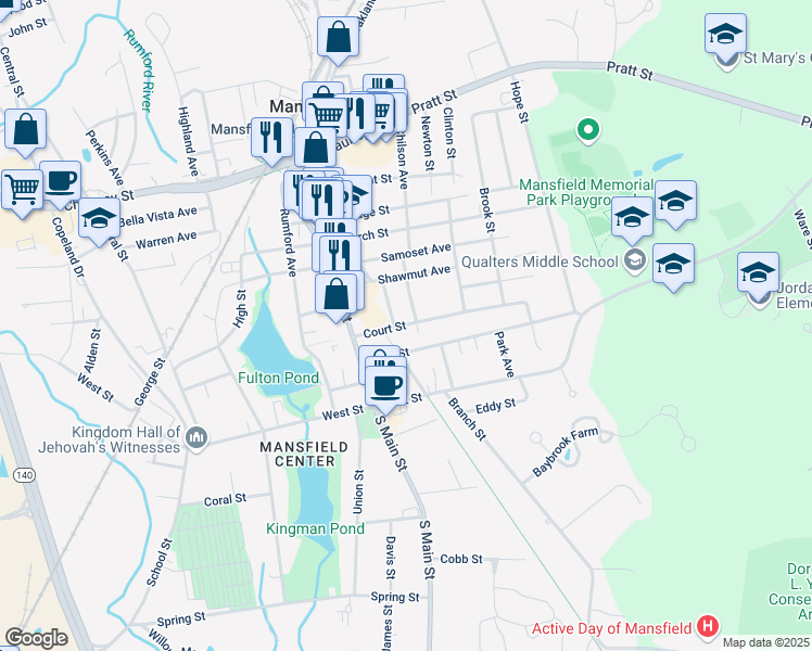 map of restaurants, bars, coffee shops, grocery stores, and more near 38 Court Street in Mansfield