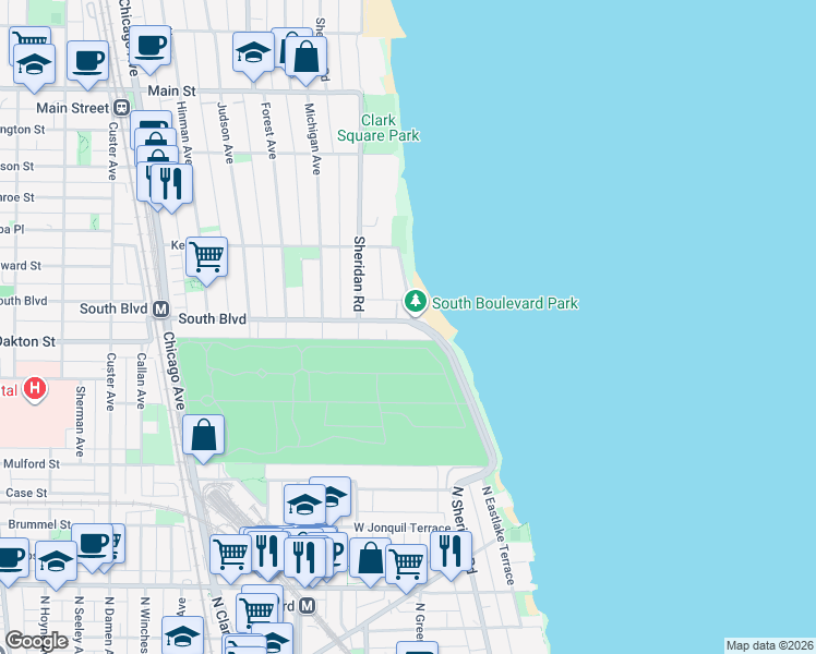 map of restaurants, bars, coffee shops, grocery stores, and more near 494 Sheridan Road in Evanston