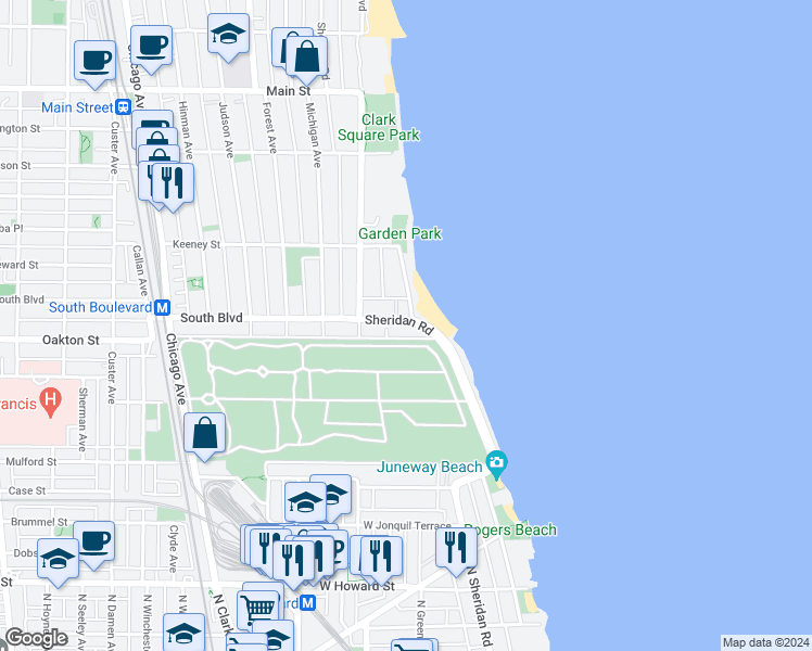 map of restaurants, bars, coffee shops, grocery stores, and more near 494 Sheridan Road in Evanston