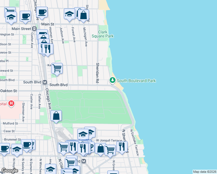 map of restaurants, bars, coffee shops, grocery stores, and more near 486 Sheridan Road in Evanston