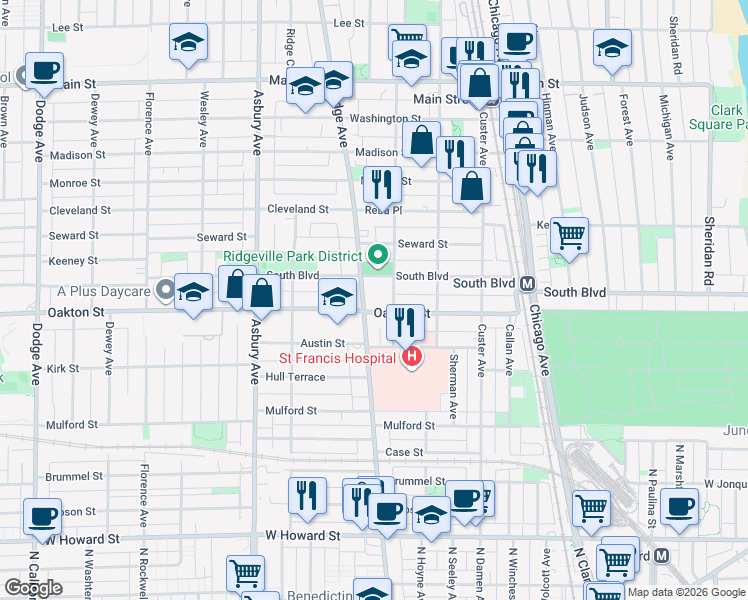 map of restaurants, bars, coffee shops, grocery stores, and more near 500 Ridge Avenue in Evanston