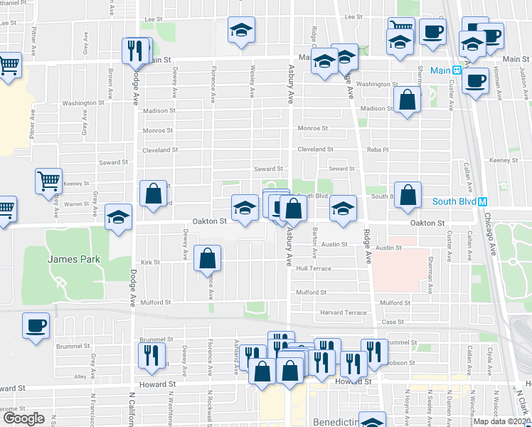 map of restaurants, bars, coffee shops, grocery stores, and more near 1329 Oakton Street in Evanston
