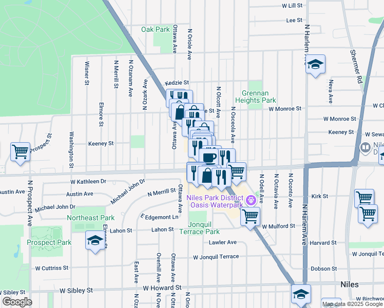 map of restaurants, bars, coffee shops, grocery stores, and more near 8037 North Oriole Avenue in Niles