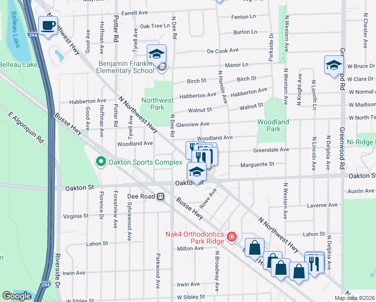 map of restaurants, bars, coffee shops, grocery stores, and more near 1113 Fortuna Avenue in Park Ridge