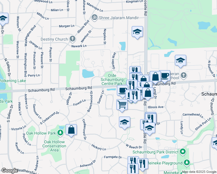 map of restaurants, bars, coffee shops, grocery stores, and more near 10 Sumac Lane in Schaumburg