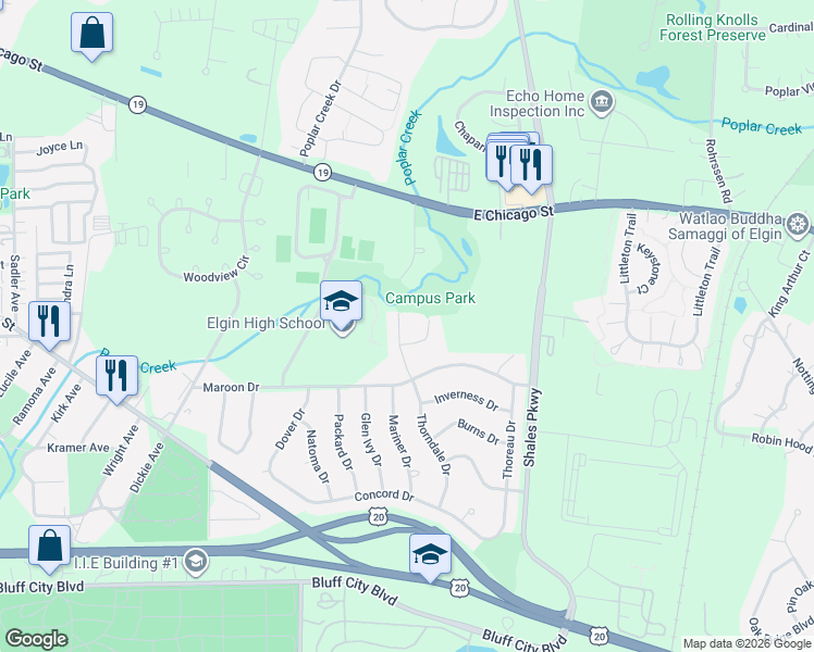 map of restaurants, bars, coffee shops, grocery stores, and more near 1286 Thorndale Court in Elgin