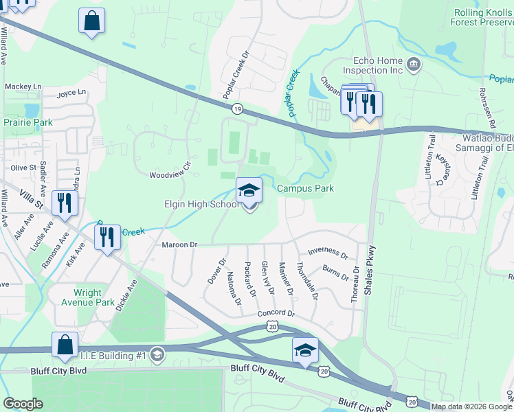 map of restaurants, bars, coffee shops, grocery stores, and more near 1200 Maroon Drive in Elgin
