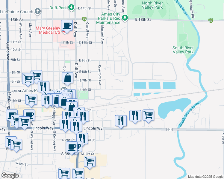 map of restaurants, bars, coffee shops, grocery stores, and more near 316 East 6th Street in Ames