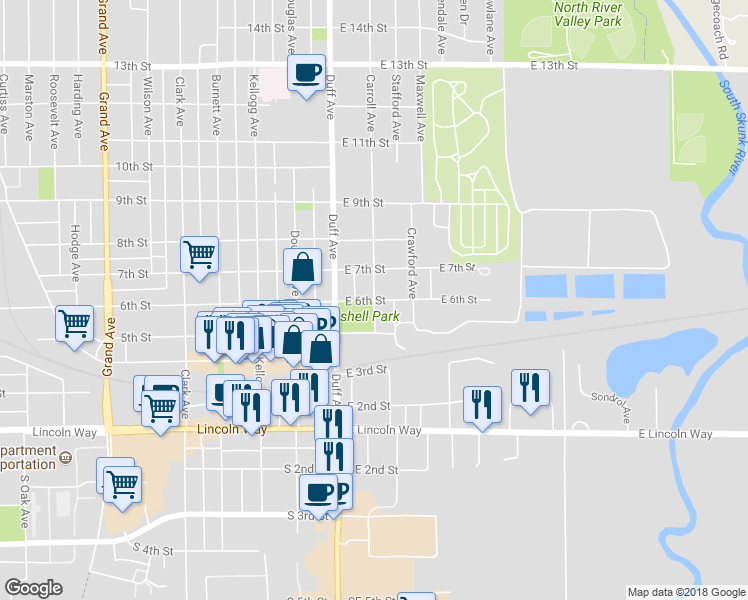 map of restaurants, bars, coffee shops, grocery stores, and more near 199 East 6th Street in Ames