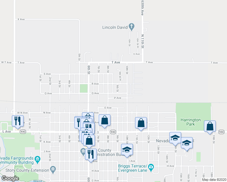 map of restaurants, bars, coffee shops, grocery stores, and more near 821 Q Avenue in Nevada