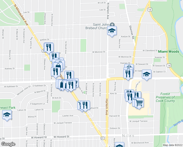 map of restaurants, bars, coffee shops, grocery stores, and more near 8025 North Octavia Avenue in Niles