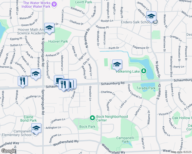 map of restaurants, bars, coffee shops, grocery stores, and more near 14 North Braintree Drive in Schaumburg
