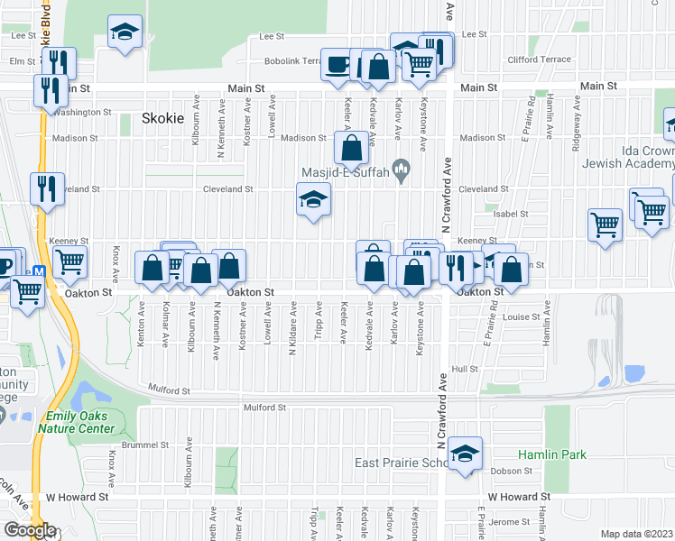 map of restaurants, bars, coffee shops, grocery stores, and more near 8022 Keeler Avenue in Skokie