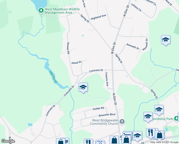 map of restaurants, bars, coffee shops, grocery stores, and more near 80 Crescent Street in West Bridgewater