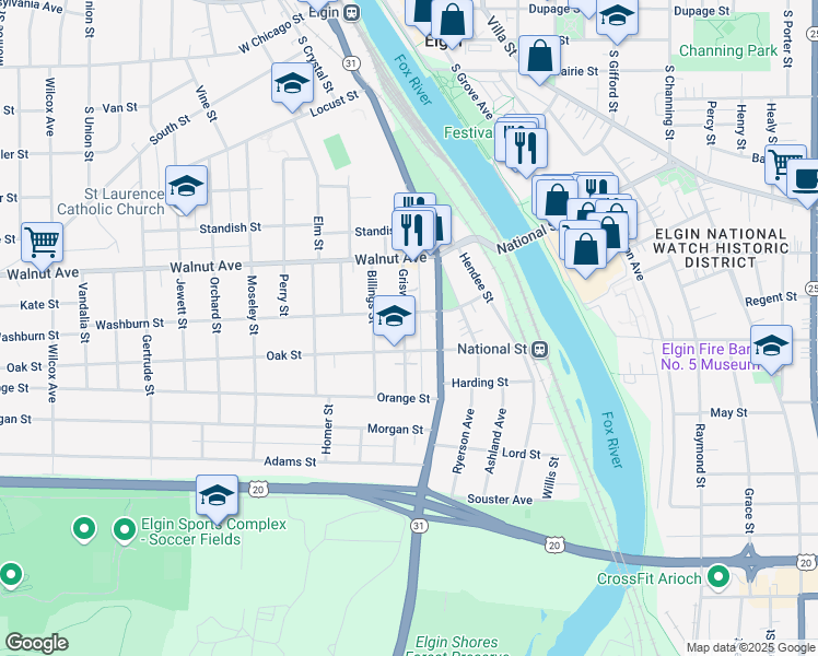 map of restaurants, bars, coffee shops, grocery stores, and more near 359 Griswold Street in Elgin