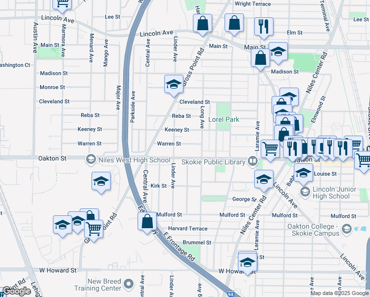 map of restaurants, bars, coffee shops, grocery stores, and more near 5431 Warren Street in Morton Grove