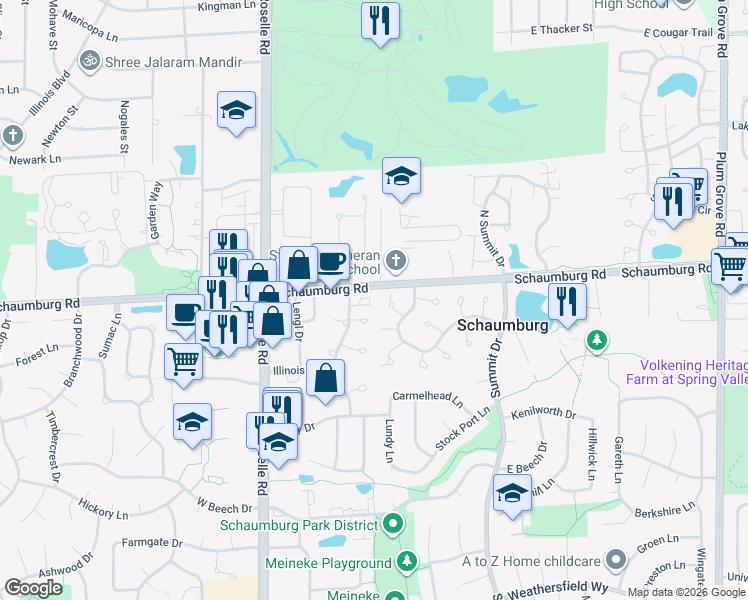 map of restaurants, bars, coffee shops, grocery stores, and more near 127 Waterbury Circle in Schaumburg