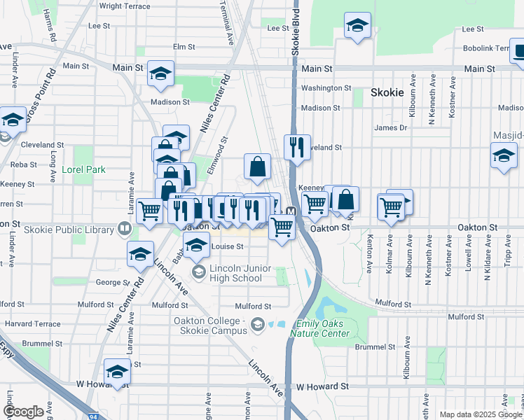 map of restaurants, bars, coffee shops, grocery stores, and more near 8035 Lamon Avenue in Skokie