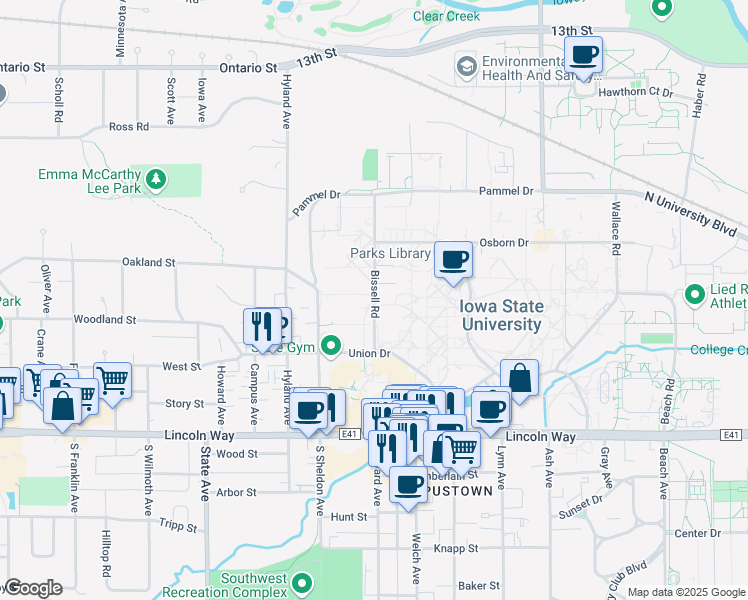 map of restaurants, bars, coffee shops, grocery stores, and more near 531 Bissell Road in Ames