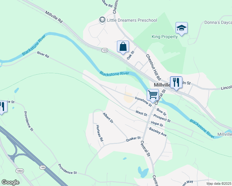 map of restaurants, bars, coffee shops, grocery stores, and more near 55 Ironstone Street in Millville