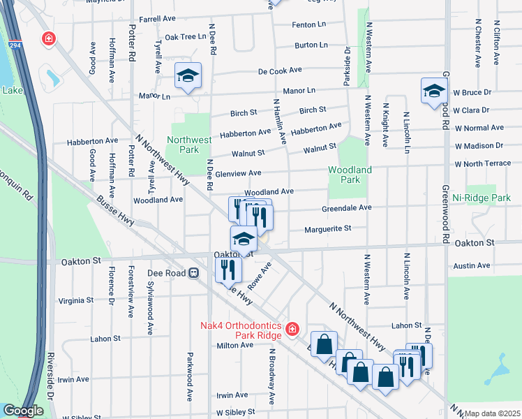 map of restaurants, bars, coffee shops, grocery stores, and more near 1040 Vernon Avenue in Park Ridge