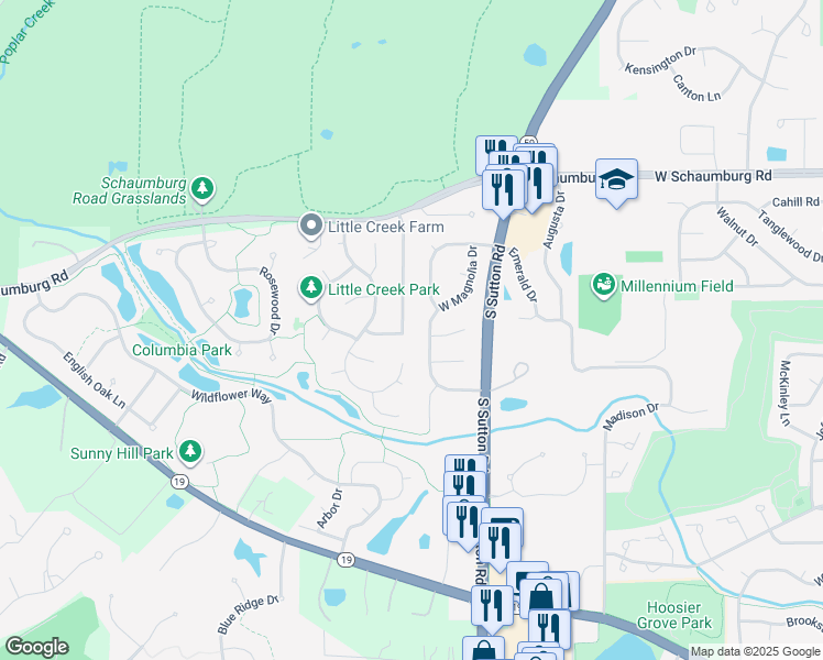 map of restaurants, bars, coffee shops, grocery stores, and more near 135 Buckskin Lane in Streamwood